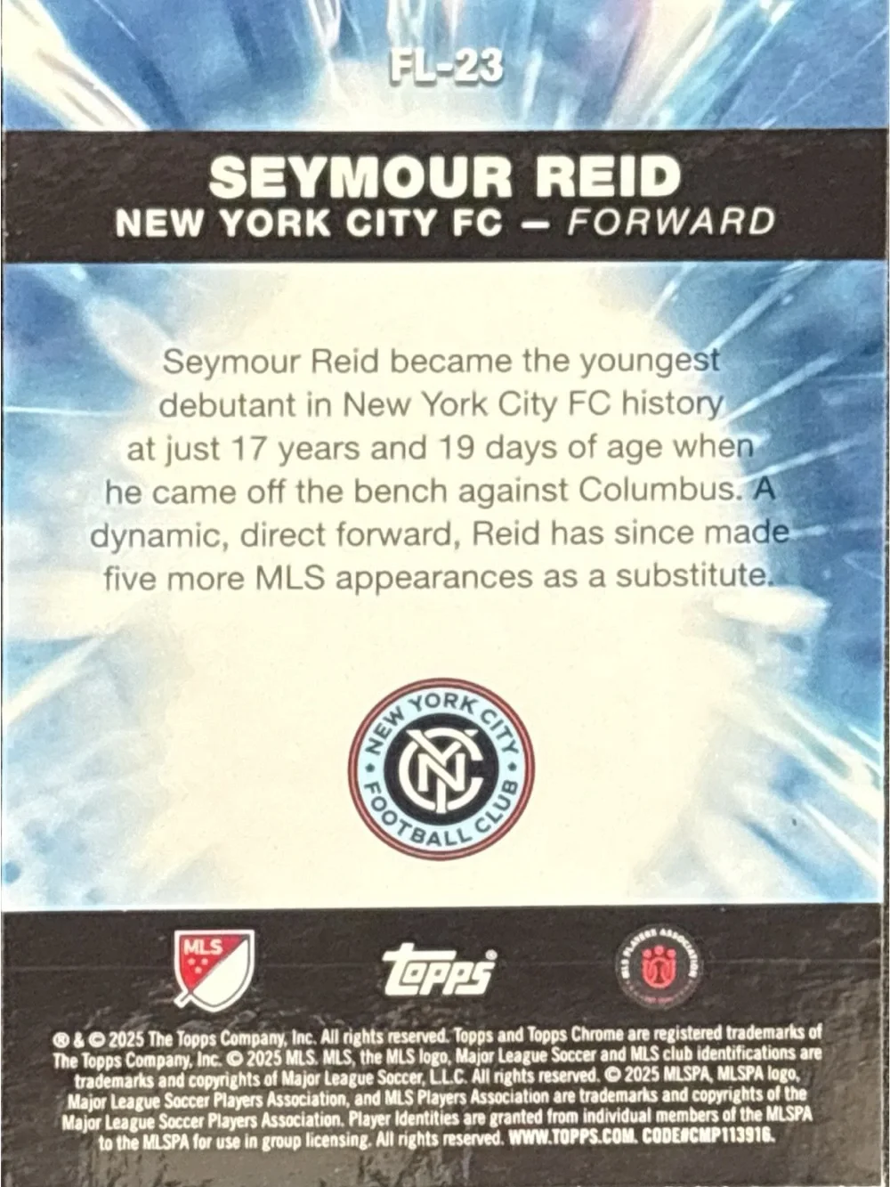 Topps Chrome Seymour Reid Fast Line Rookie Soccer Card